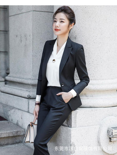 Women's Casual Fashion Formal Black Business Blazer Office Pants Suit Set - SolaceConnect.com