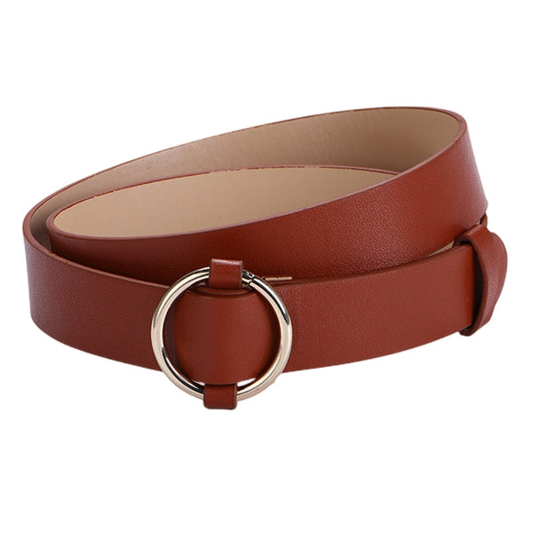 Women's Casual Gold Round Buckle Wild Brown Belt Without Pin  -  GeraldBlack.com