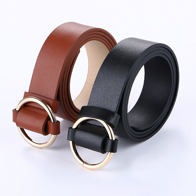 Women's Casual Gold Round Buckle Wild Brown Belt Without Pin 