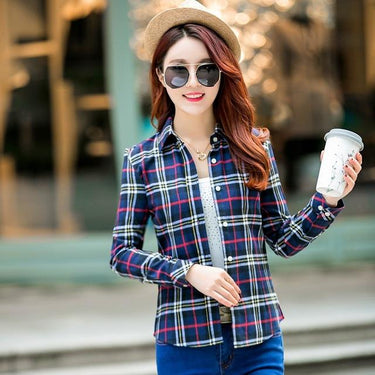 Women's Casual Lapel Plus Size Long Sleeve Plaid Checks Flannel Shirt - SolaceConnect.com