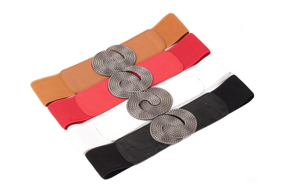 Women's Casual Leather and Elastic Fabric Double Interlock Buckle Belts  -  GeraldBlack.com