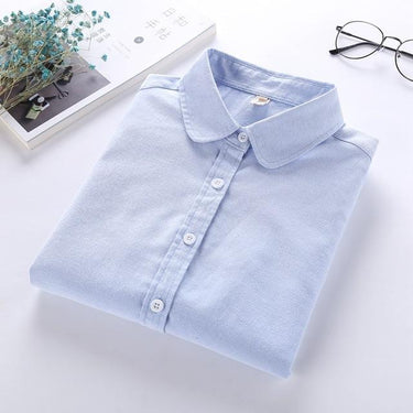 Women's Casual Long Sleeve Oxford White Blue Shirt Blouse for Office Wear - SolaceConnect.com