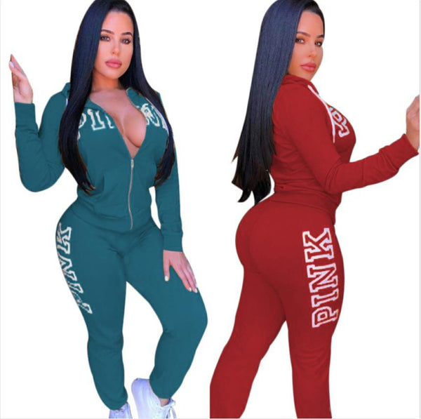 Women's Casual Spring Letter Pink Print Tracksuit Plus Size Outfits - SolaceConnect.com