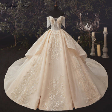 Women's Champagne Beaded Lace Off The Shoulder Wedding Ball Gown Dress  -  GeraldBlack.com