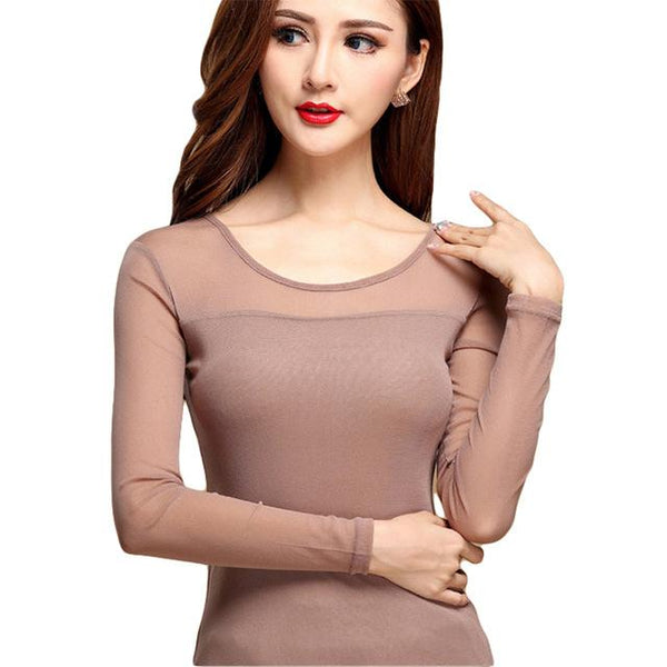 Women's Chiffon Lace Long Sleeve O-Neck Solid Sexy Blouse Shirts - SolaceConnect.com