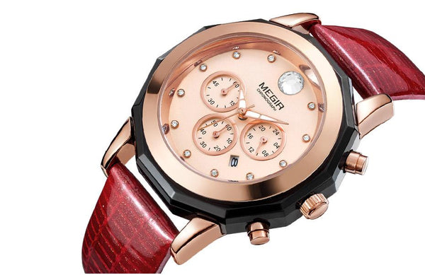 Women's Chronograph Red Leather Strap Quartz Watches with Luminous Hands - SolaceConnect.com