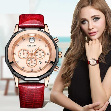 Women's Chronograph Red Leather Strap Quartz Watches with Luminous Hands  -  GeraldBlack.com