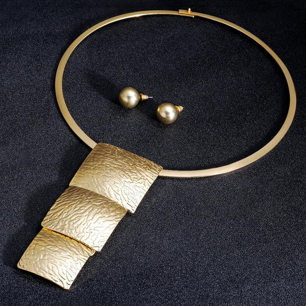 Women's Chunky Metal Gold Color Choker Square Necklace Earrings Sets - SolaceConnect.com