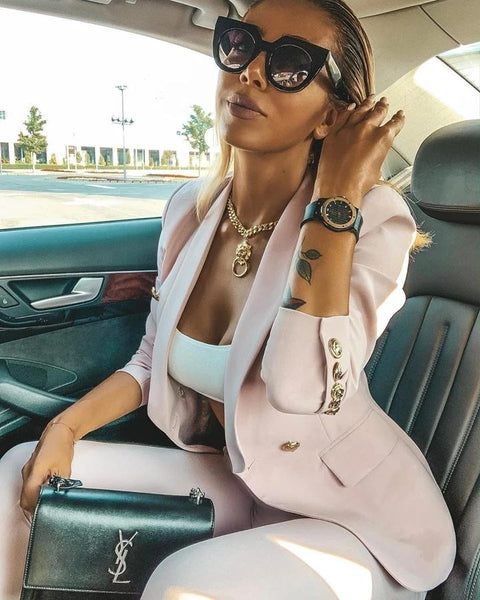 Women's Classic Business Pink Double Breasted Two Piece Blazer & Pants Sets - SolaceConnect.com