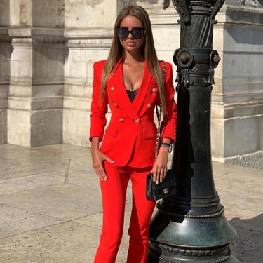 Women's Classic Business Pink Double Breasted Two Piece Blazer & Pants Sets  -  GeraldBlack.com