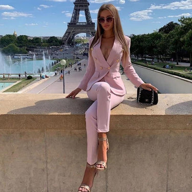 Women's Classic Business Pink Double Breasted Two Piece Blazer & Pants Sets  -  GeraldBlack.com