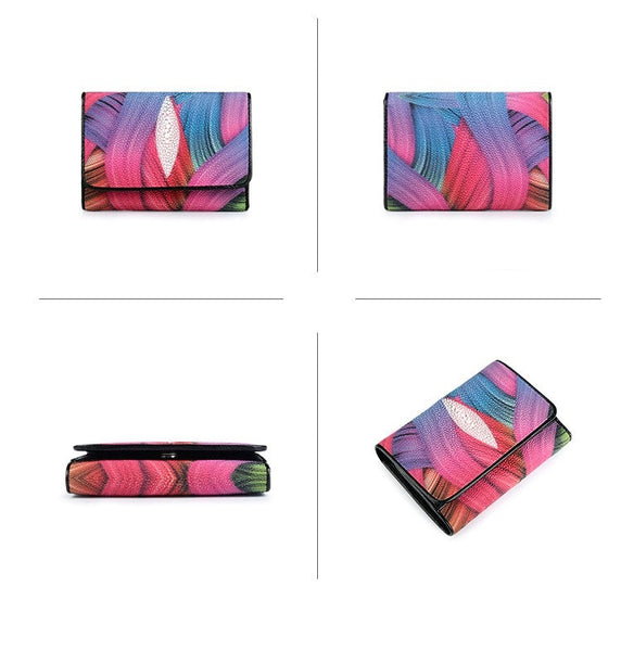 Women's Colorful Printed Designer Genuine Stingray Leather Short Wallet