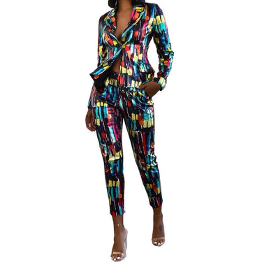 Women's Colourful Print 2 Piece Office Blazer Jacket & Pencil Pants Set - SolaceConnect.com