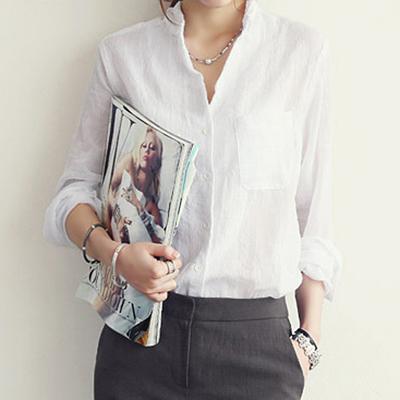 Women's Cotton Linen Long Sleeve Solid Collar Chemise with Pockets - SolaceConnect.com