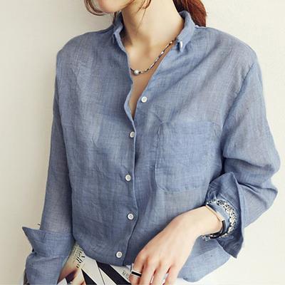 Women's Cotton Linen Long Sleeve Solid Collar Chemise with Pockets - SolaceConnect.com