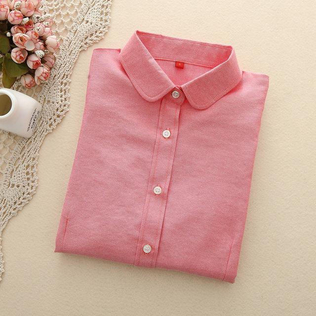 Women's Cotton Oxford Long Sleeve Solid Office Blouse with Collar - SolaceConnect.com