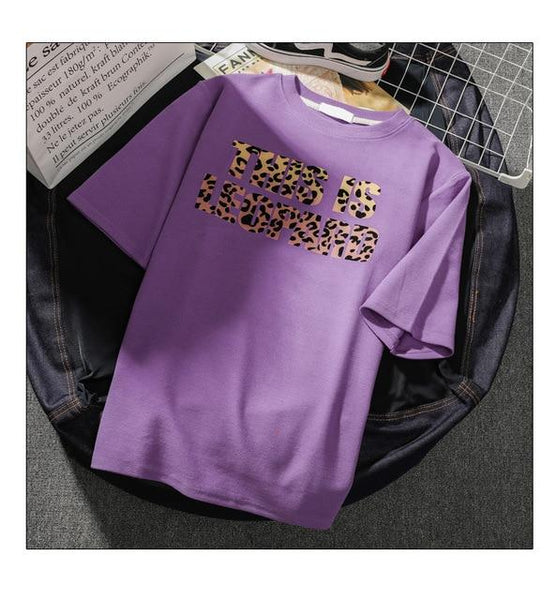Women's Cotton Polyester Leopard Print Short Sleeves O-Neck Batik Tee - SolaceConnect.com
