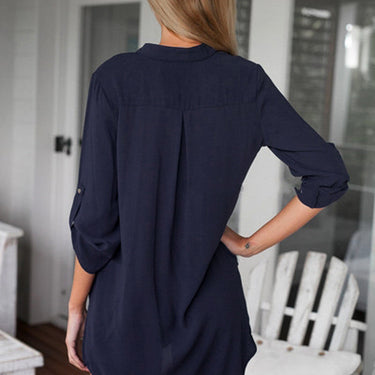 Women's Cotton Polyester Long Sleeve V Neck Loose Casual Solid Tunic Shirt - SolaceConnect.com