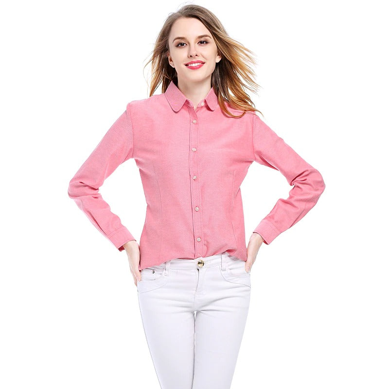 Women's Cotton Solid Oxford Long Sleeve Blouse with Collar and Buttons  -  GeraldBlack.com