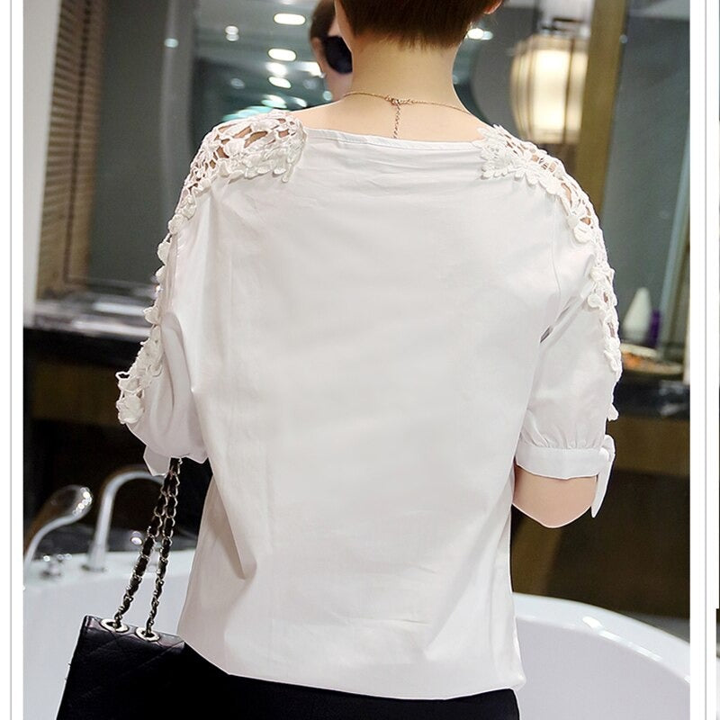 Women's Cotton White Hollow Out Flowers V-Neck Solid Lace Blouse - SolaceConnect.com