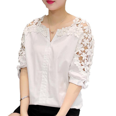 Women's Cotton White Hollow Out Flowers V-Neck Solid Lace Blouse  -  GeraldBlack.com