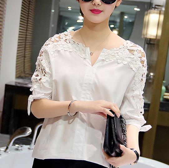 Women's Cotton White Hollow Out Flowers V-Neck Solid Lace Blouse - SolaceConnect.com