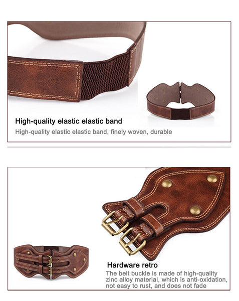 Women's Crazy Horse Leather Double Pin Buckle Elastic Girdle Wide Belt  -  GeraldBlack.com
