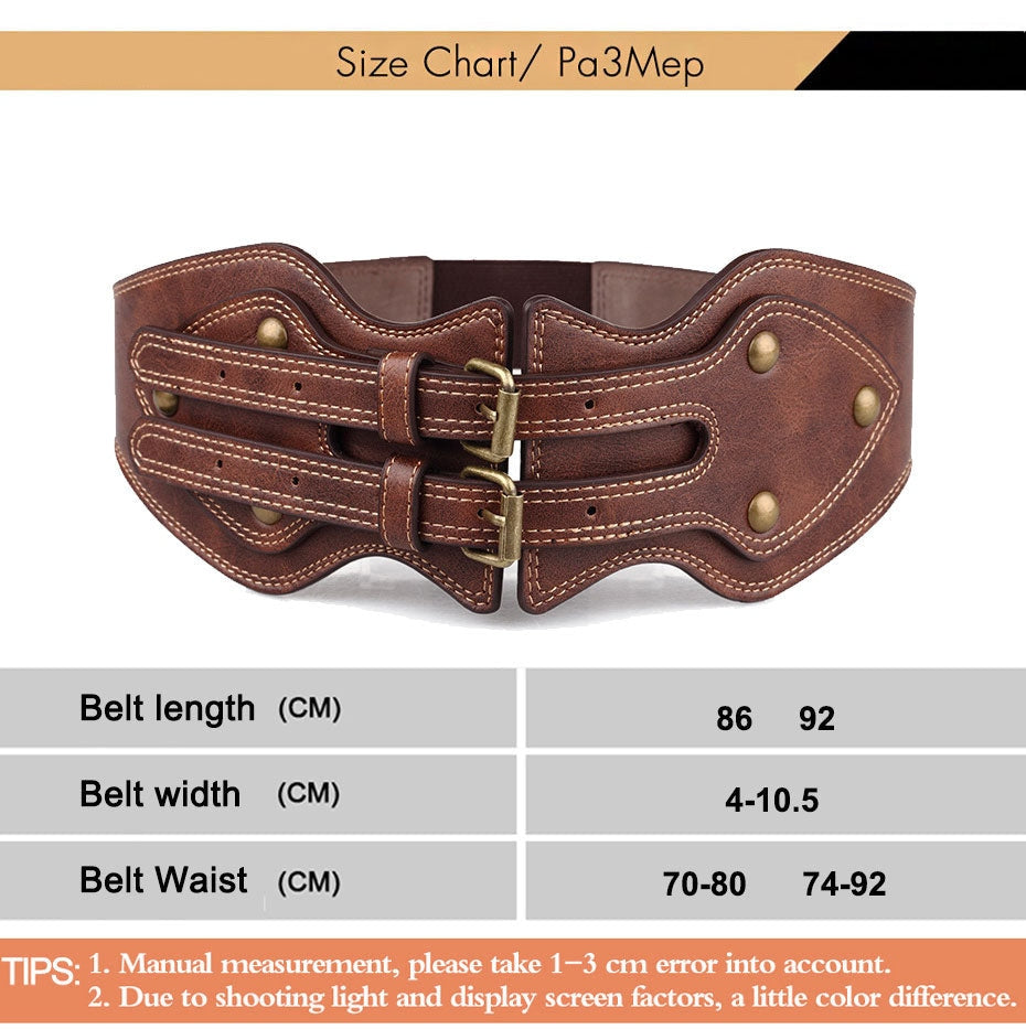 Women's Crazy Horse Leather Double Pin Buckle Elastic Girdle Wide Belt  -  GeraldBlack.com