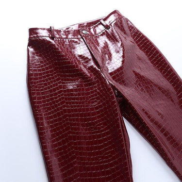 Women's Crocodile Pattern Faux Leather Casual High Waist Pants with Zipper - SolaceConnect.com