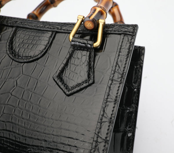 Women's Crocodile Skin Belly Genuine Leather Fashion Square Bag Bamboo Knot Handle Handbag 45  -  GeraldBlack.com