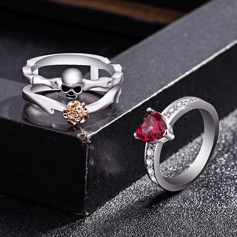 Women's Crystal CZ Red Heart Rose Flower Gothic Skull Rings Set - SolaceConnect.com