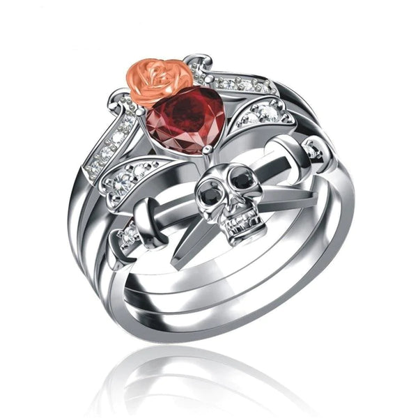 Women's Crystal CZ Red Heart Rose Flower Gothic Skull Rings Set - SolaceConnect.com