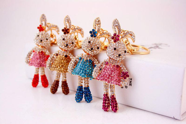Women's Crystal Long Ear Rabbit Flower Key Chains Holder for Car & Purse - SolaceConnect.com