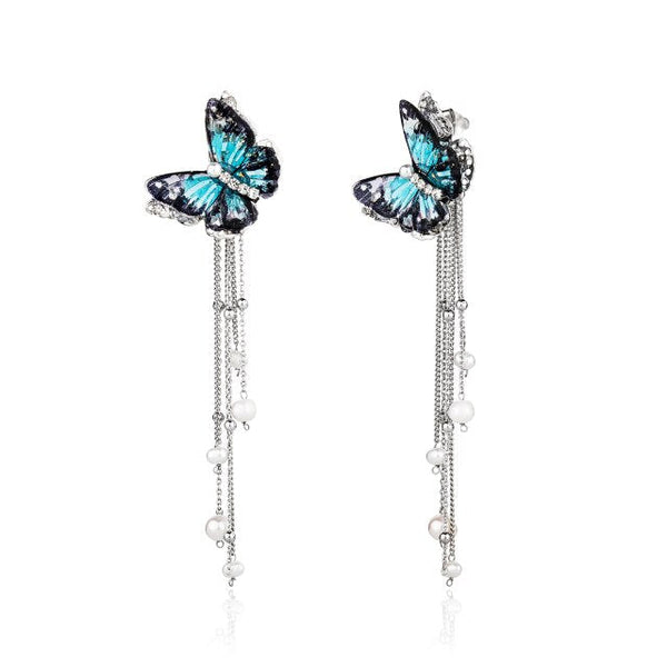 Women's Cubic Zirconia Bohemian Style Butterfly Pearl Tassel Drop Earrings  -  GeraldBlack.com