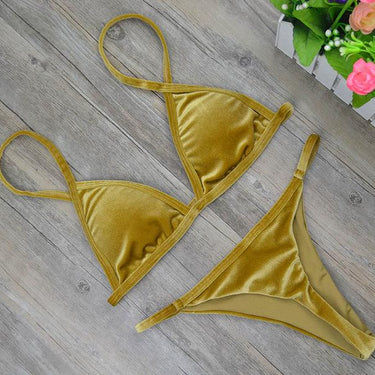 Women's Dark Green Orange Gold Velvet Thong Bikinis Sets Swimwear - SolaceConnect.com
