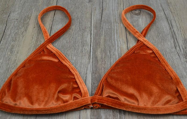 Women's Dark Green Orange Gold Velvet Thong Bikinis Sets Swimwear - SolaceConnect.com