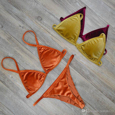 Women's Dark Green Orange Gold Velvet Thong Bikinis Sets Swimwear  -  GeraldBlack.com