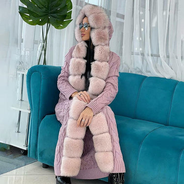Women's Dark Pink Fox Fur Hooded Knitted Long Sleeve Sweater  -  GeraldBlack.com