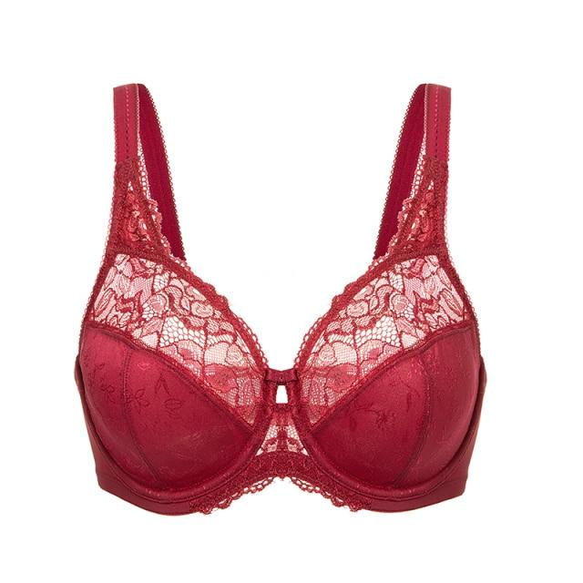 Women's Dark Red Floral Lace Full Figure Non Padded Minimizer Underwire Bra - SolaceConnect.com