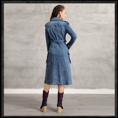 Women's Denim Long Sleeve Vintage Embroidery Turn Down Collar Trench Coats - SolaceConnect.com