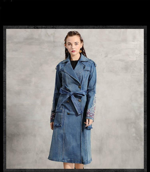 Women's Denim Long Sleeve Vintage Embroidery Turn Down Collar Trench Coats - SolaceConnect.com