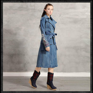Women's Denim Long Sleeve Vintage Embroidery Turn Down Collar Trench Coats  -  GeraldBlack.com