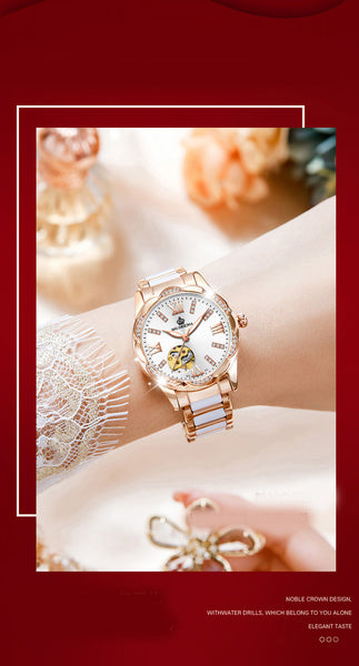 Women's Diamond Hollow Automatic Mechanical Ceramic Strap Wristwatches  -  GeraldBlack.com