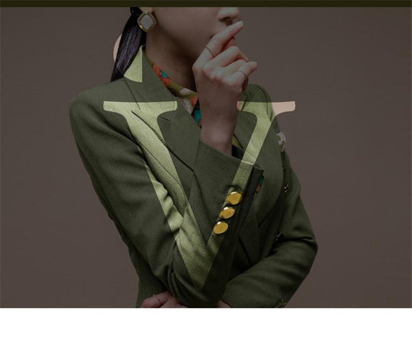 Women's Double-Breasted Fashion Green Slim Jacket & Pencil Pants Set - SolaceConnect.com