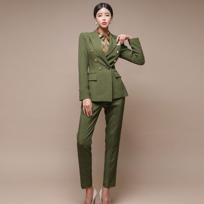 Women's Double-Breasted Fashion Green Slim Jacket & Pencil Pants Set  -  GeraldBlack.com