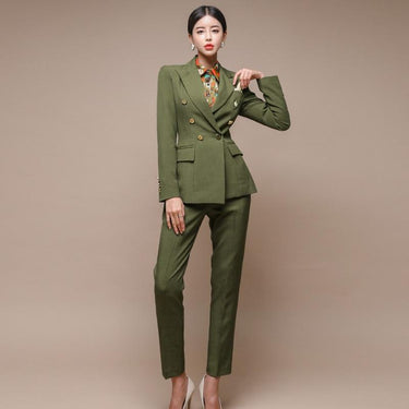 Women's Double-Breasted Fashion Green Slim Jacket & Pencil Pants Set  -  GeraldBlack.com
