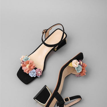 Women's Elegant Square Heel Floral Sandals with Ankle Strap and Buckle - SolaceConnect.com