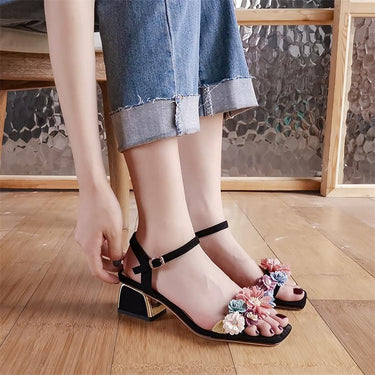 Women's Elegant Square Heel Floral Sandals with Ankle Strap and Buckle  -  GeraldBlack.com