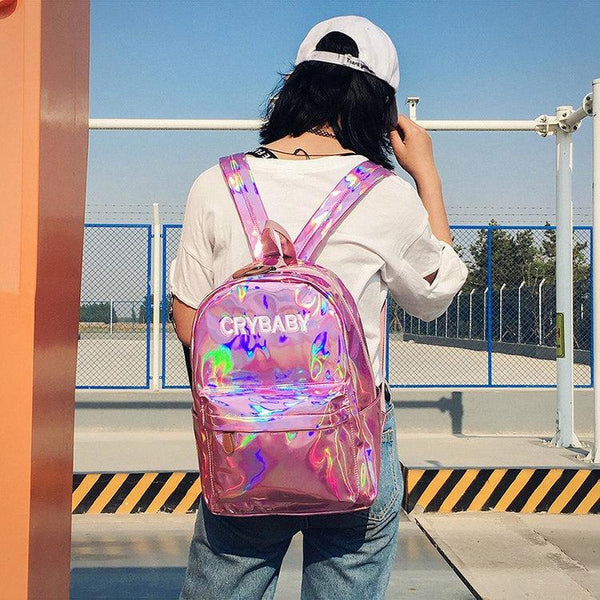 Women's Embroidery LaserLetters Crybaby Hologram Soft Leather Backpack - SolaceConnect.com
