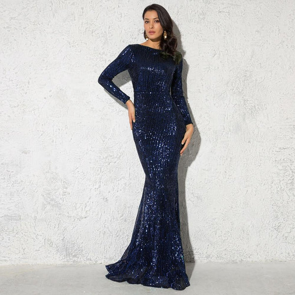 Women's Emerald Sequin O-Neck Long Sleeve Floor Length Evening Party Dress - SolaceConnect.com
